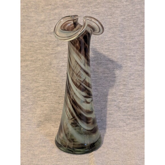 Vintage 1970s Hand Blown Swirl Ribbon Glass Vase Brown White 6.5" t x 2.5" dia - Picture 3 of 9